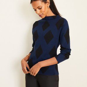 Ann Taylor jacquard diamond sweater navy size S
